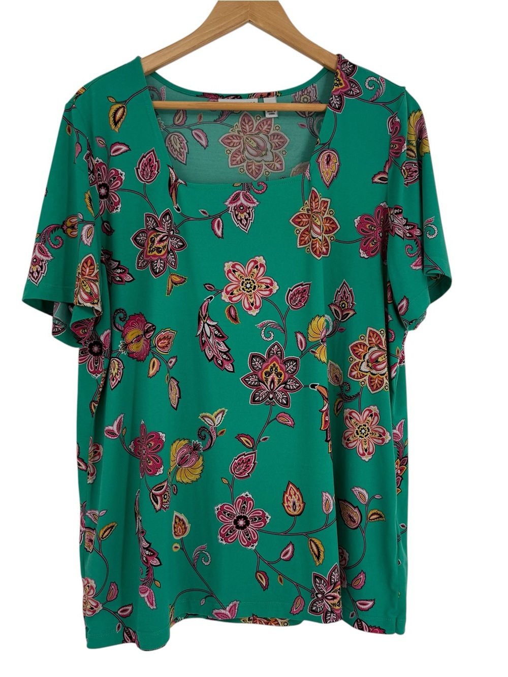 Susan Graver Liquid Knit Top Size XL Green Pink Floral Tunic Short sleeves